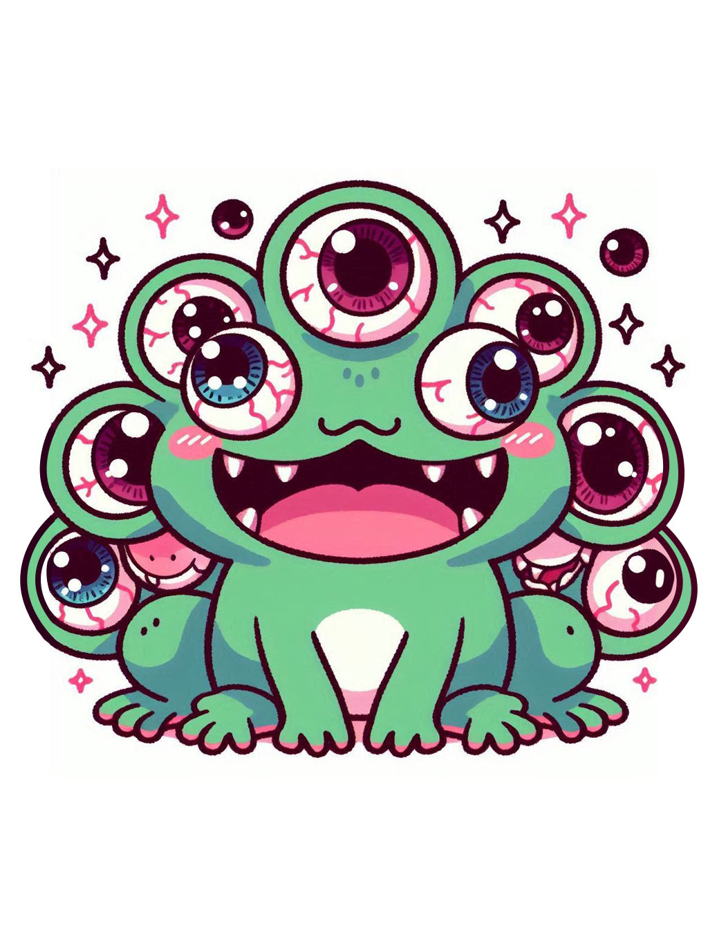 halloween frog drawing ideas: A gigantic, cheerful frog with multiple eyes in various sizes and playful expressions.